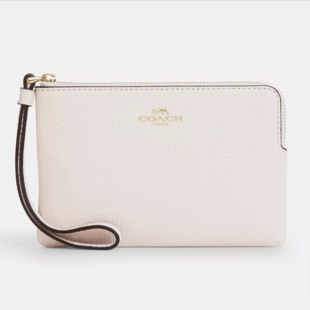 COACH Pebbled Leather Corner Zip Wristlet Chalk NWT